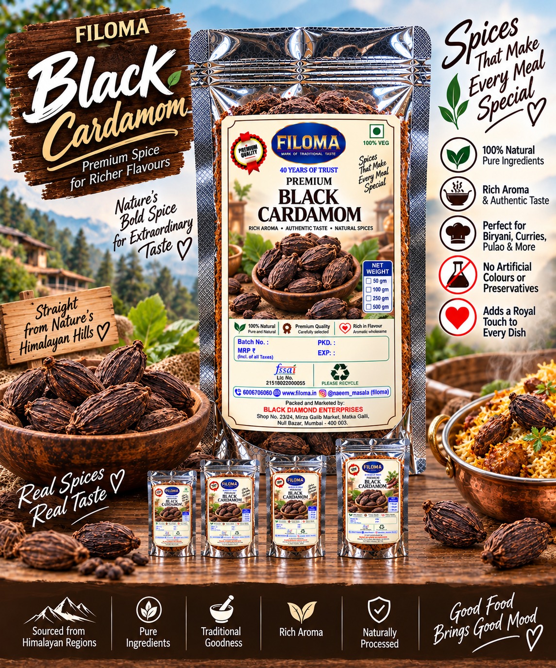 Filoma Black Kali ilaichi (Cardamom) – Premium Whole Spice