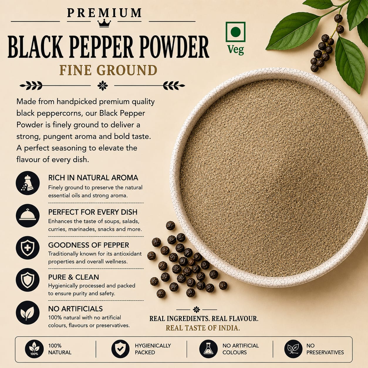 Naeem masala premium black pepper powder 100%natural rich in natural aroma.