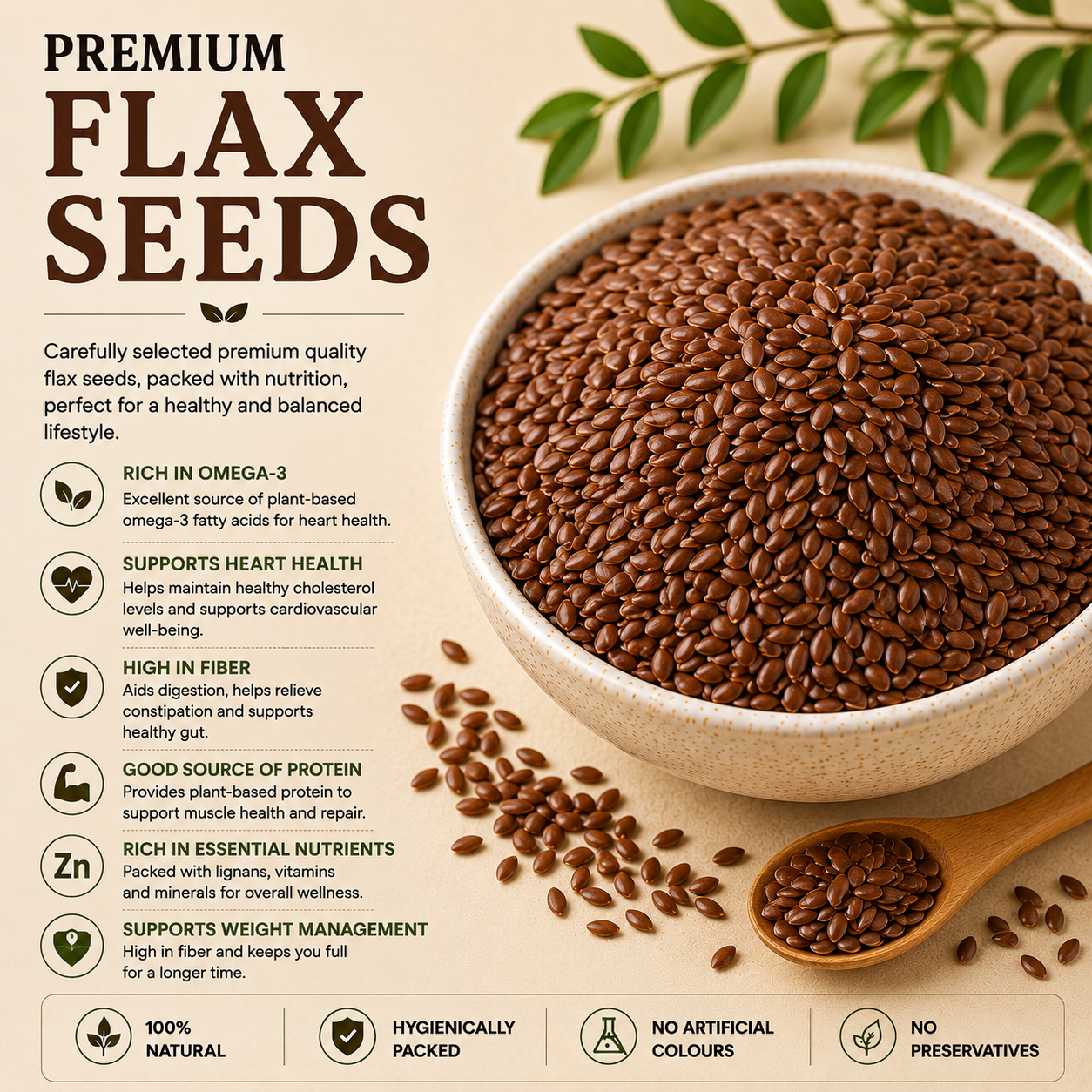 Premium Flax Seeds (100% Natural) | Rich in Omega-3, Fiber & Protein