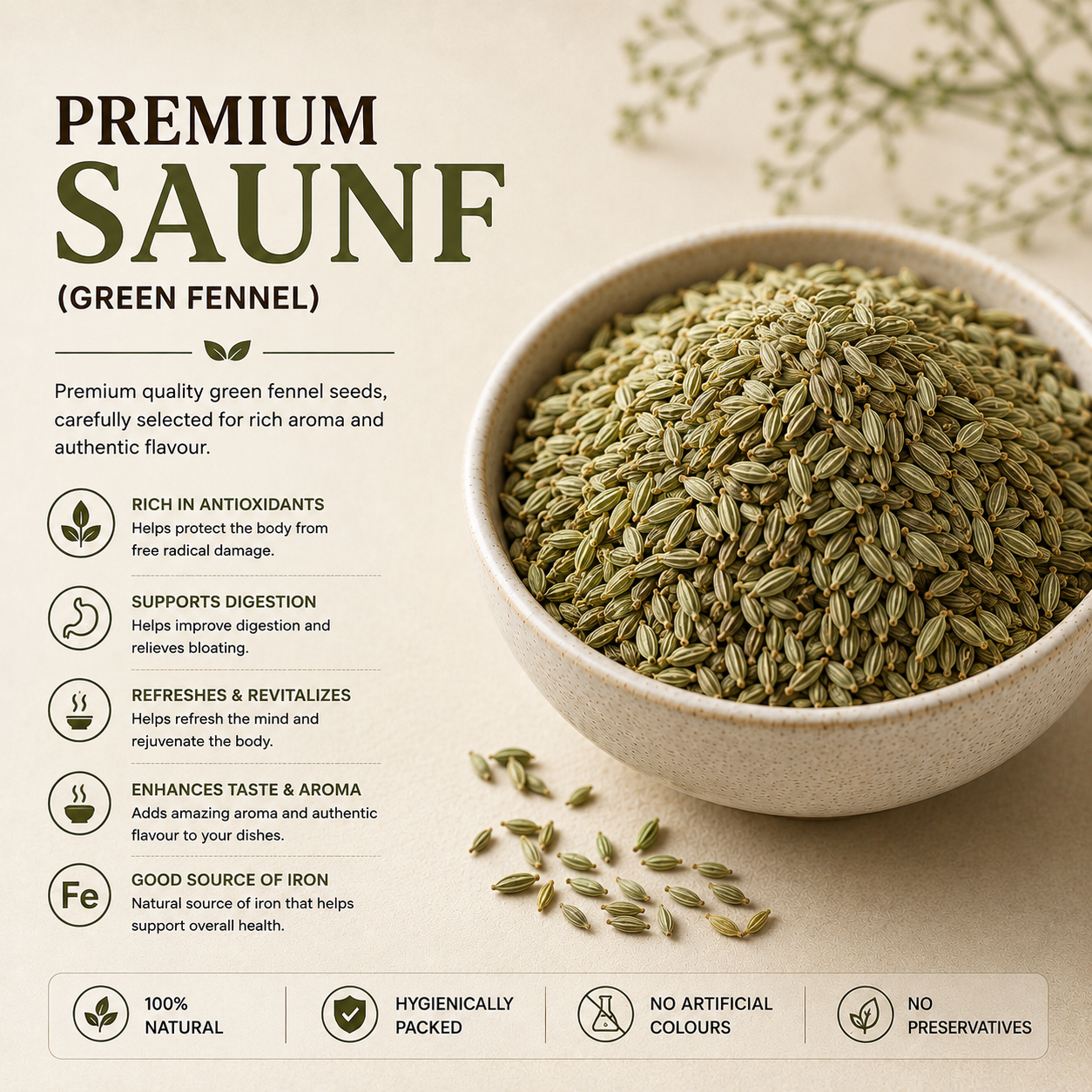 premium saunf (green fennel) 100% naturally, fresh and aromatic.
