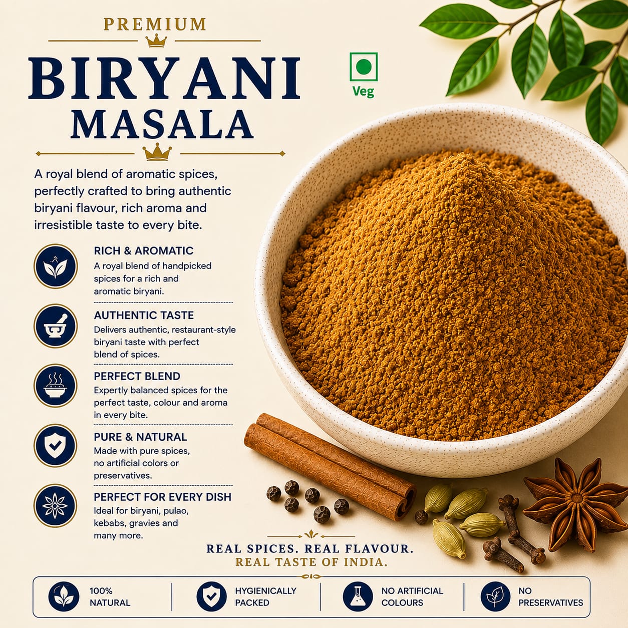 special biryani masala 100%rich aroma.authentic taste.premium quality spice blend no artificial colours no added presevatives